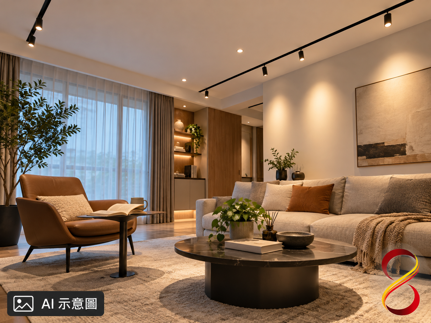 AI 示意圖：居家分層照明概念，非完工案例