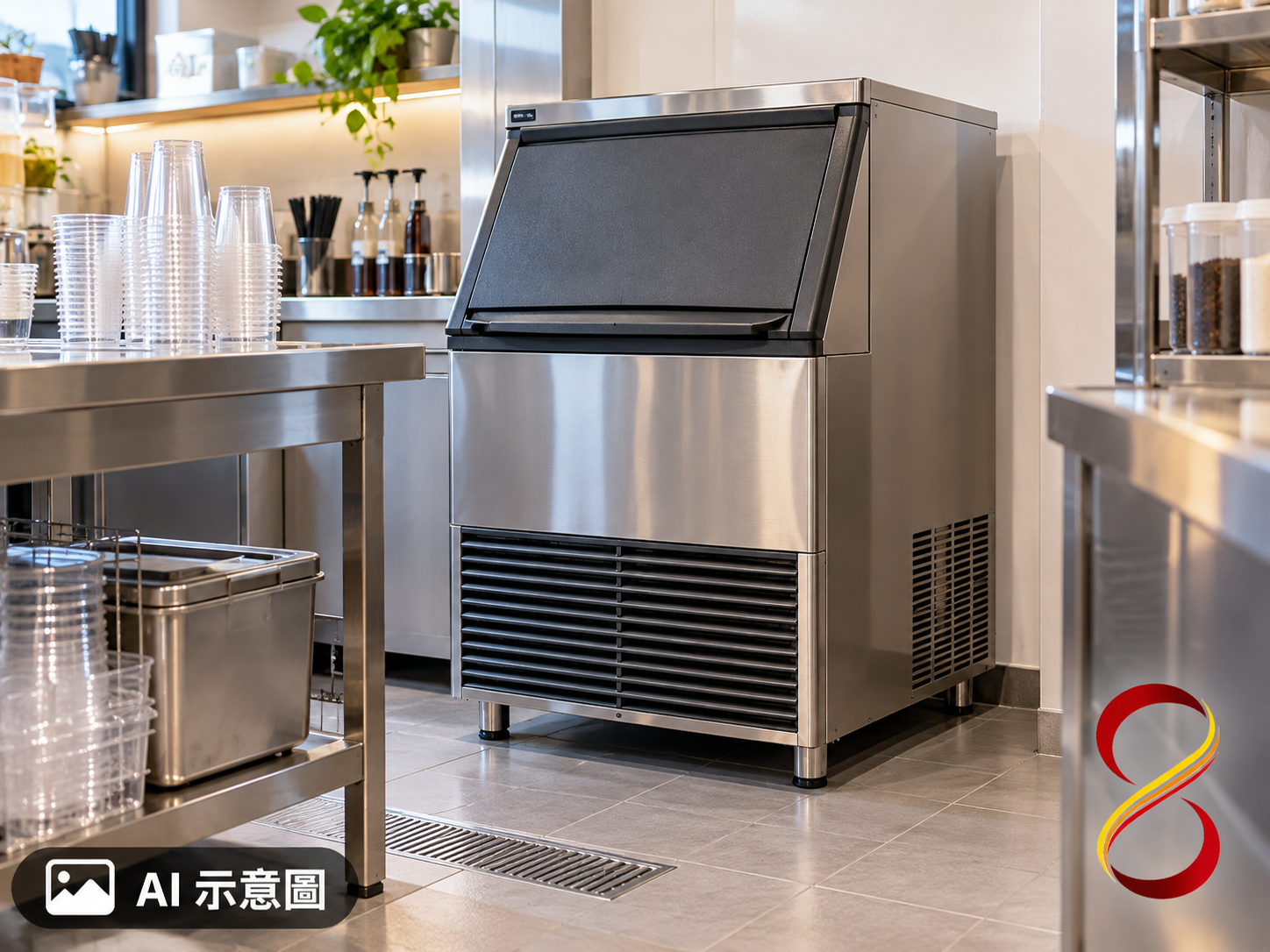 AI 示意圖:飲料店製冰機配置概念,非實際案例