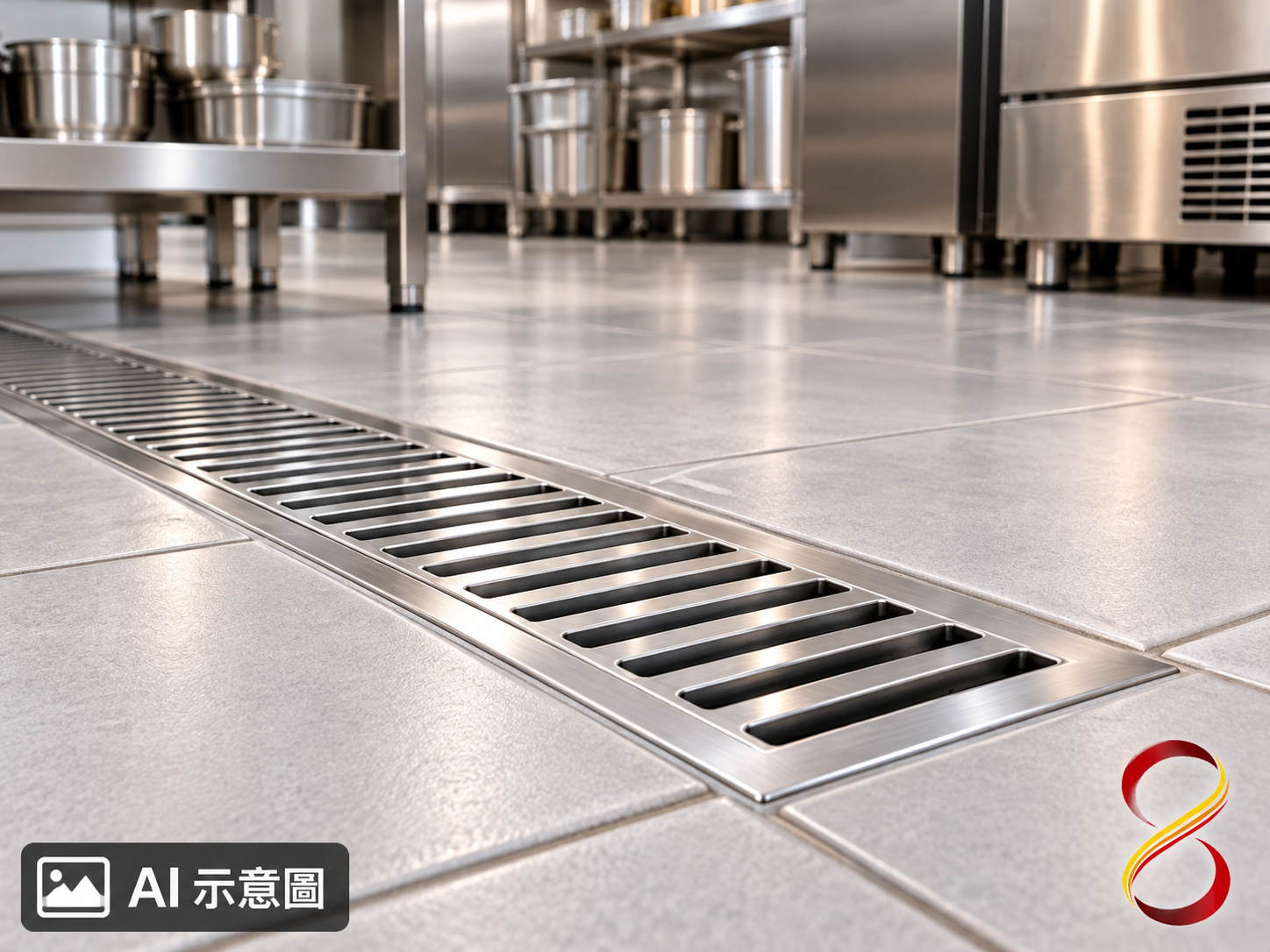 AI 示意圖：地坪與溝邊表面，非防水試驗證據