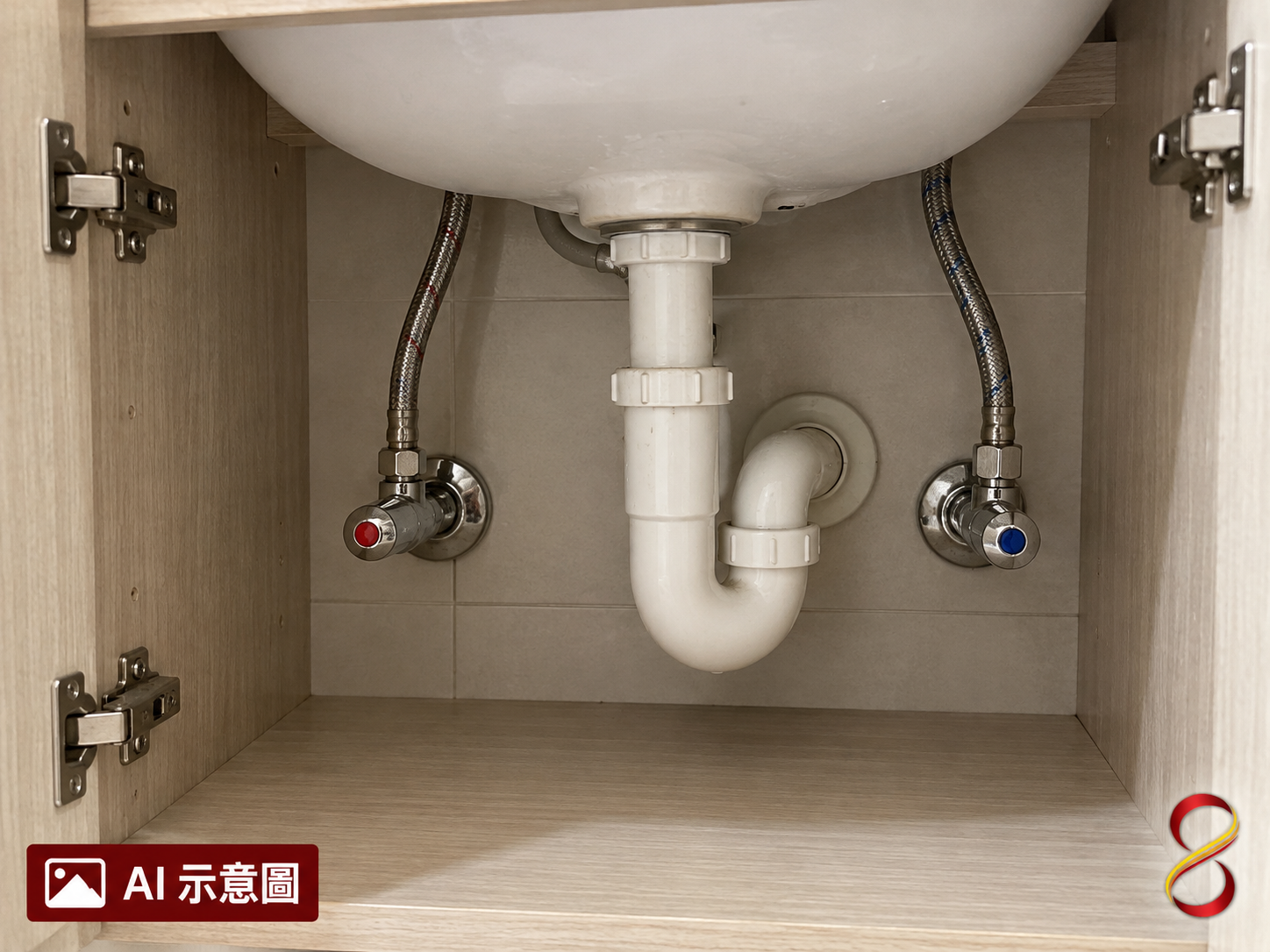 AI 示意圖：櫃內止水與接頭觀察概念