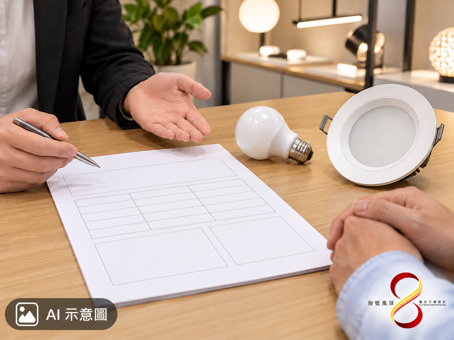 AI 示意圖：向供應商索取實際型號及測試資料；空白資料表不是虛構的Ra、Rf或色溫規格。