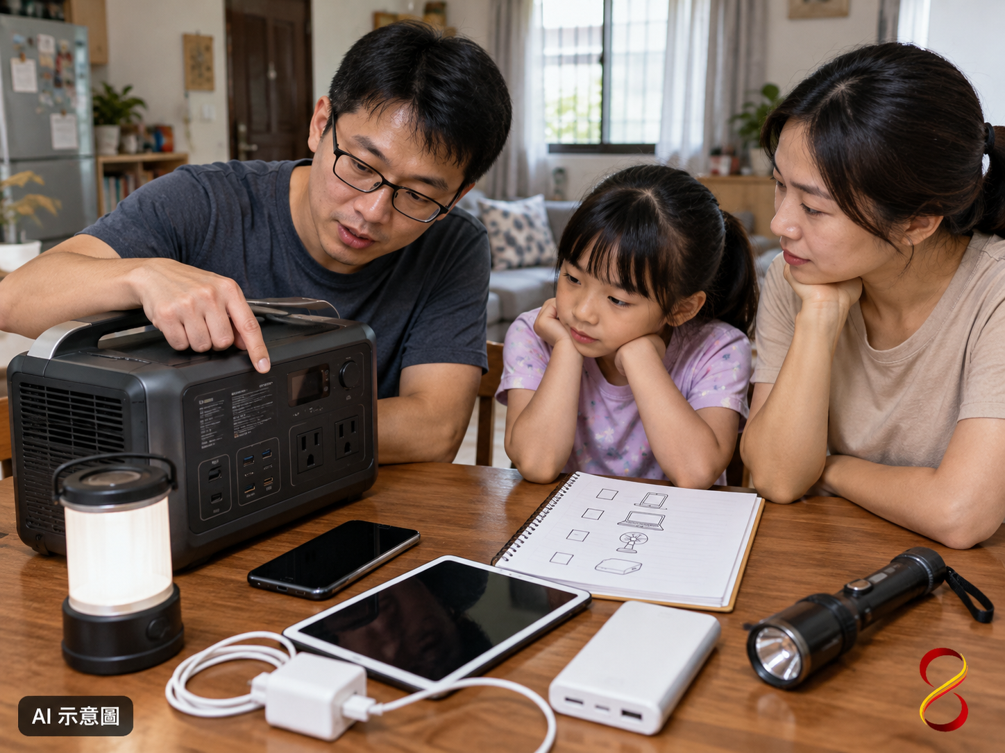 AI 示意圖:家人討論必要供電清單