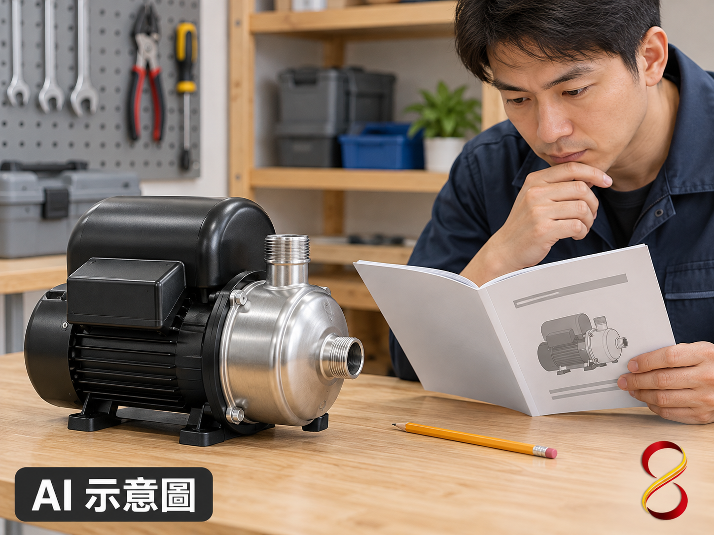 AI 示意圖:未通電馬達與文件核對概念,非型號或性能證明