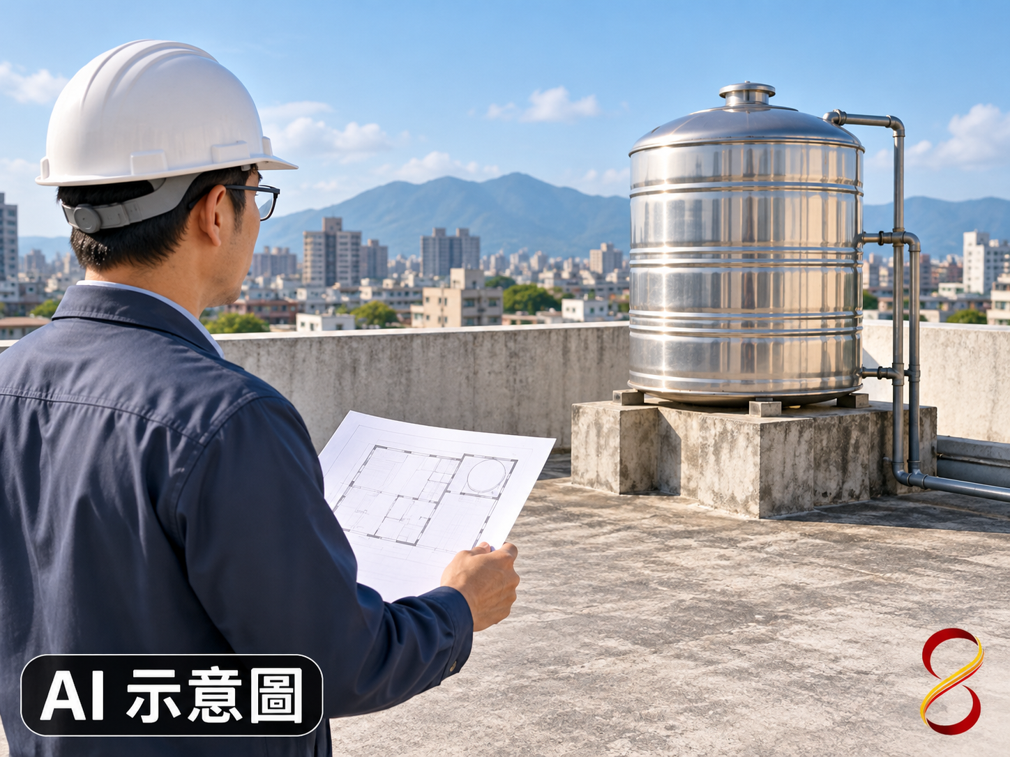 AI 示意圖:安全位置檢視封閉水塔概念,非架高或入槽施工