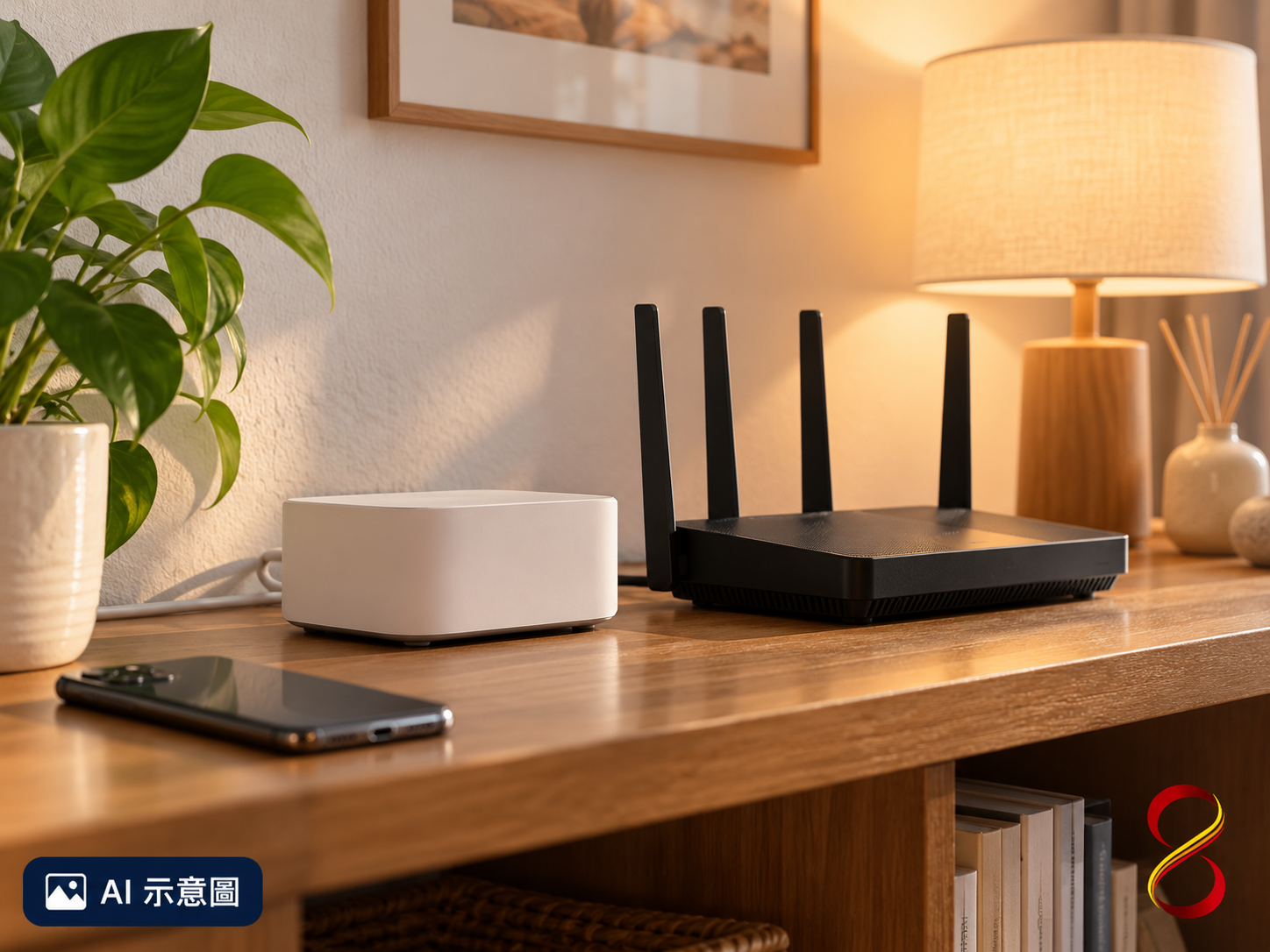 AI 示意圖:中樞與網路設備概念,非斷網實驗