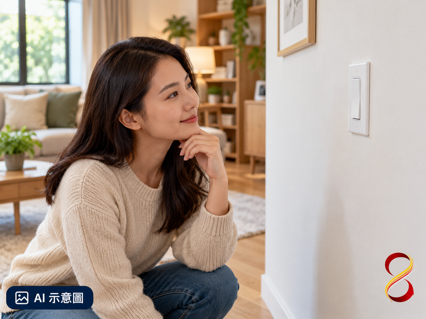 AI 示意圖:觀察完整牆壁開關,非配線施工示範