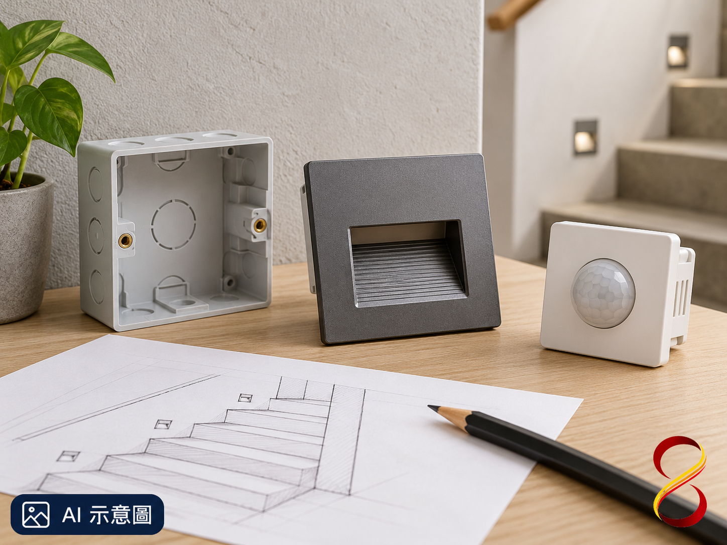 AI 示意圖：未通電燈具與盒體樣品討論，非尺寸或接線圖