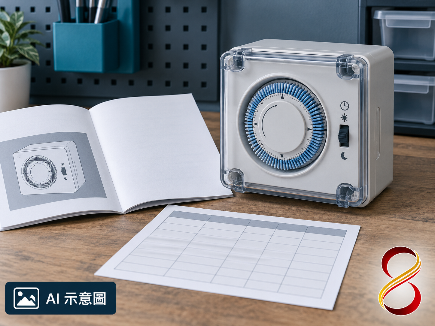 AI 示意圖:封閉定時器與文件,非特定產品操作圖
