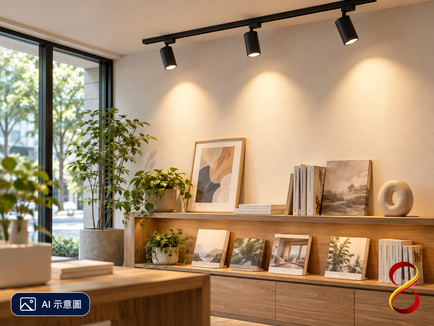 AI 示意圖：軌道照明空間概念，非實際施工案例