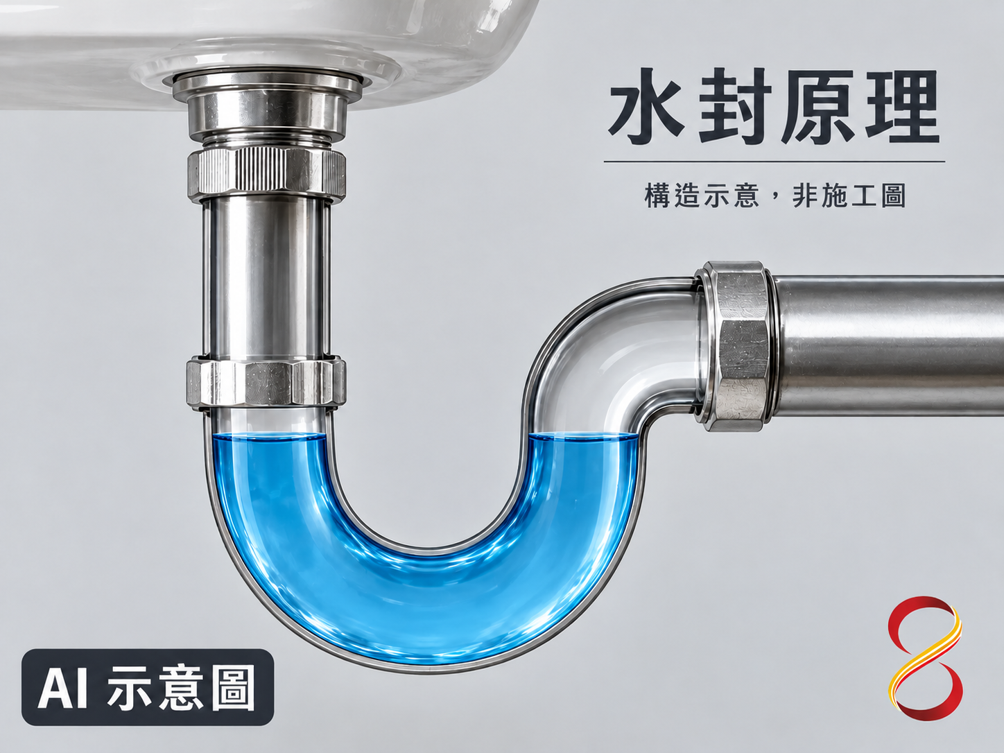 AI 示意圖：單一存水彎蓄水概念，非精確尺寸、水位或施工圖