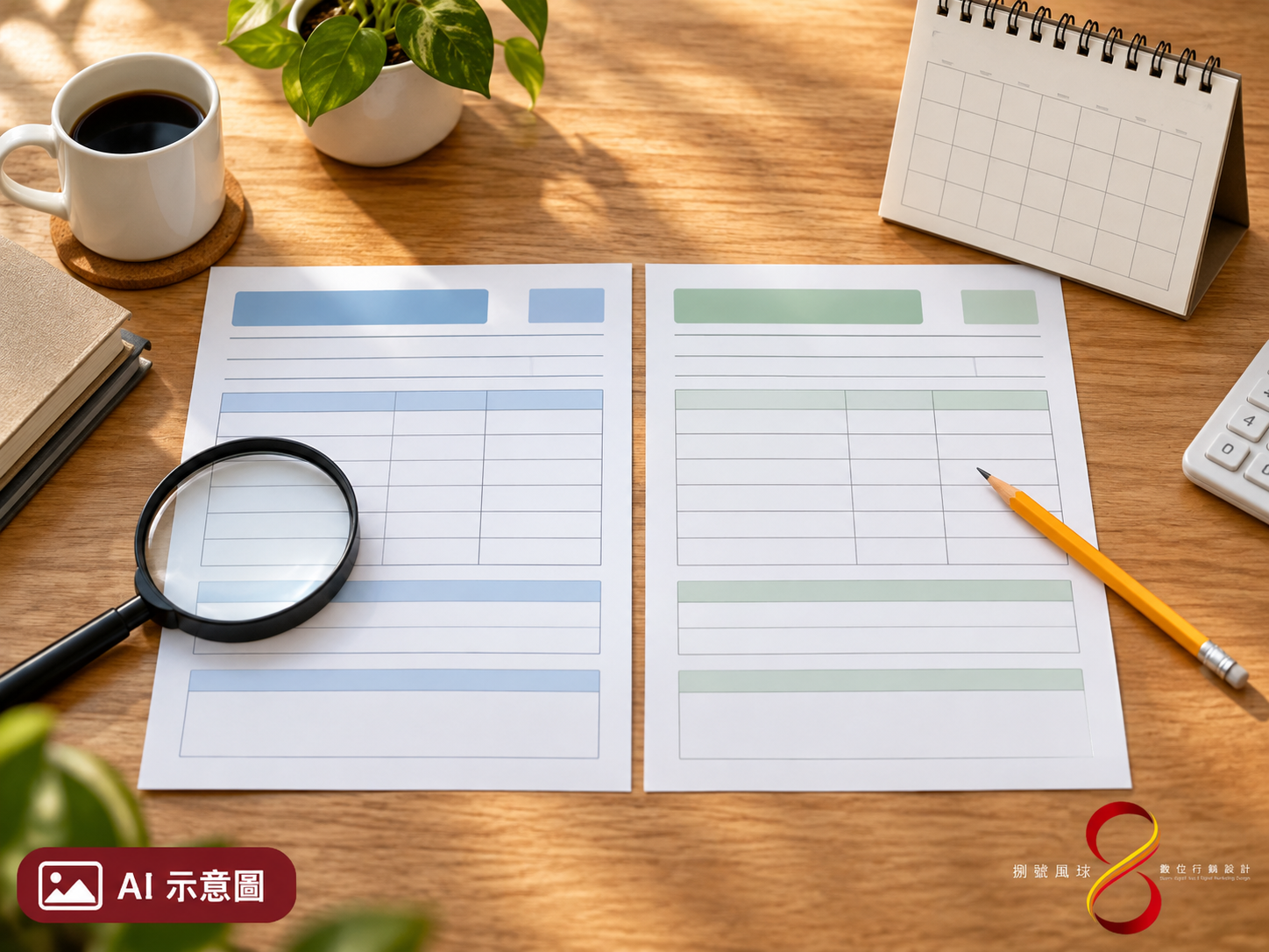 AI 示意圖：比較實際用水度數與計費期間的概念；空白帳單未提供真實金額或用水數據。