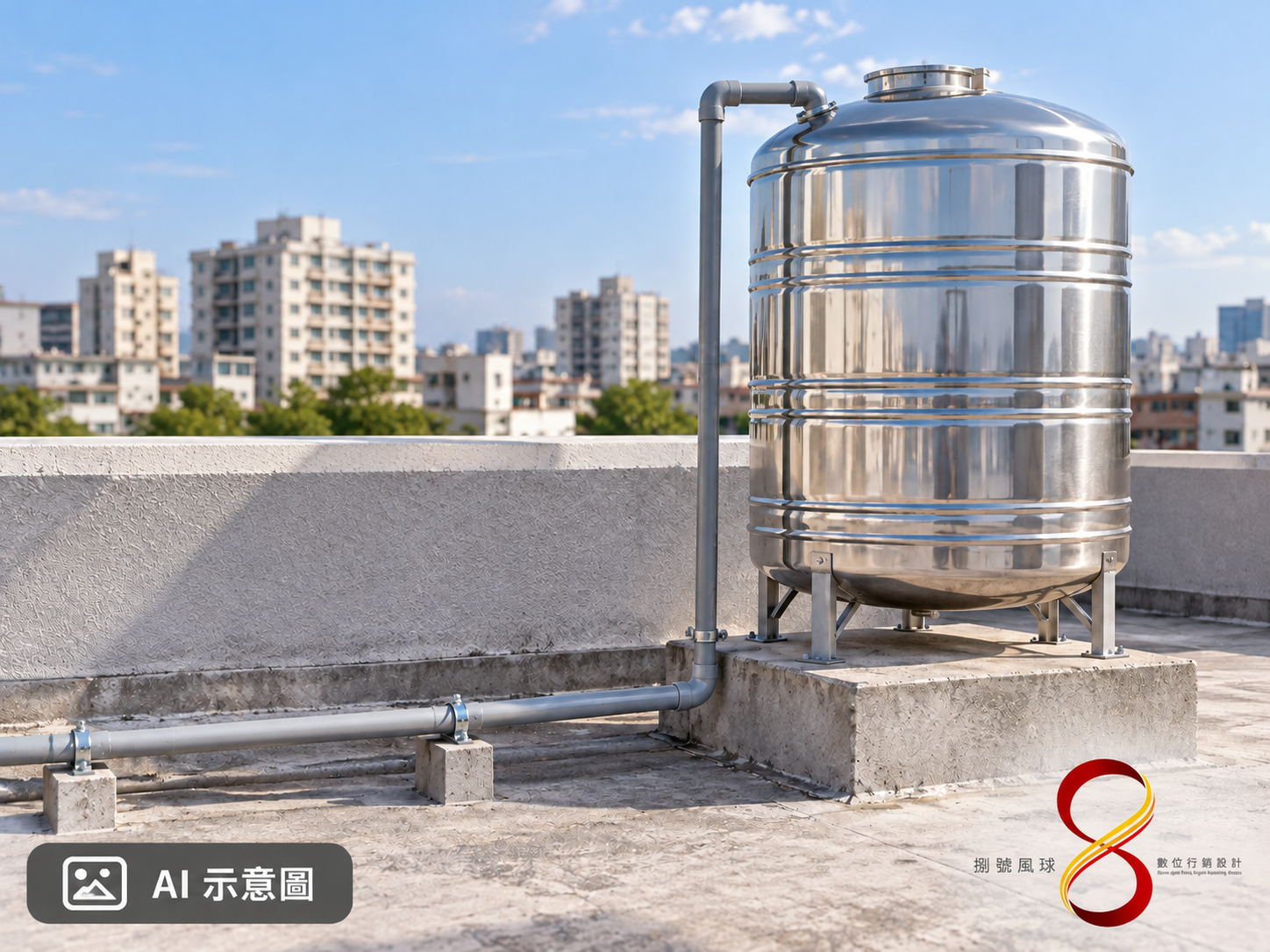 AI 示意圖：自動水塔補水可能影響水表觀察；不是實際案場或管線配置規格。