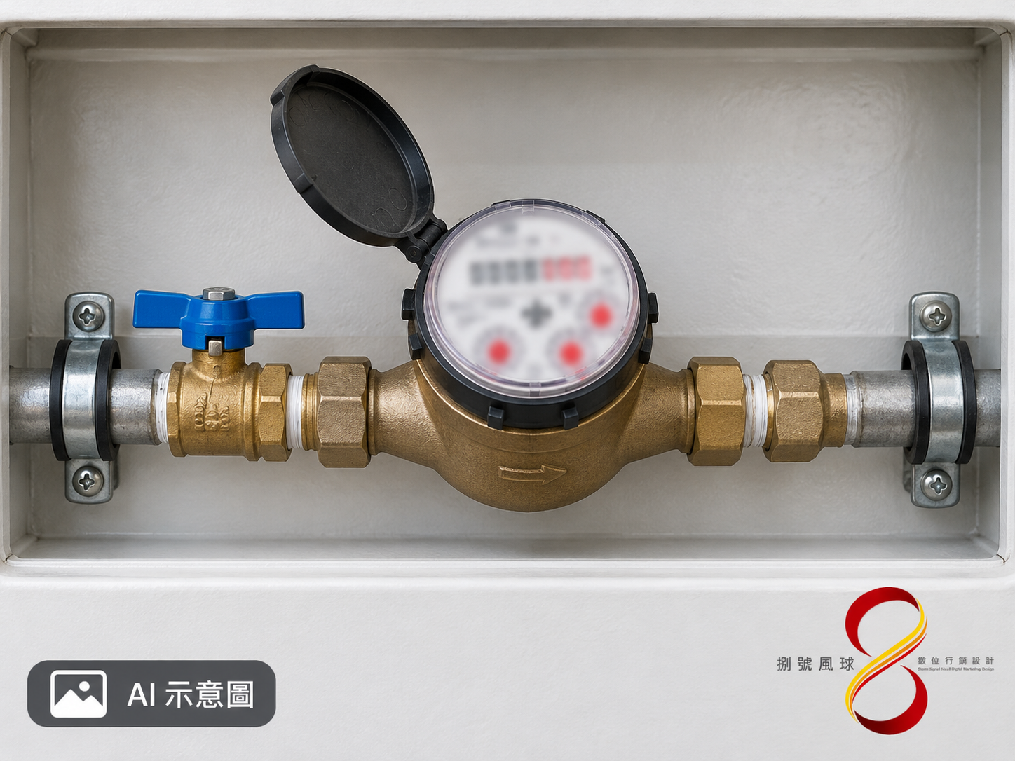 AI 示意圖：不用水時觀察水表的查漏概念；圖中設備與讀數不作為台灣現場的讀表示範。