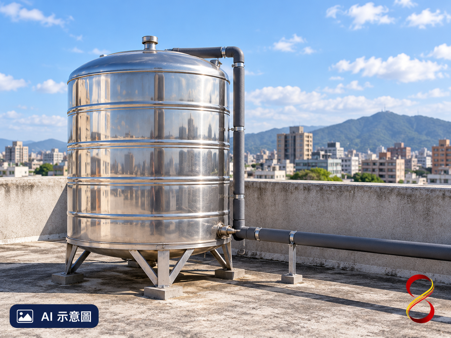 AI 示意圖：封閉水塔與屋頂配置概念，非清洗或水質證明