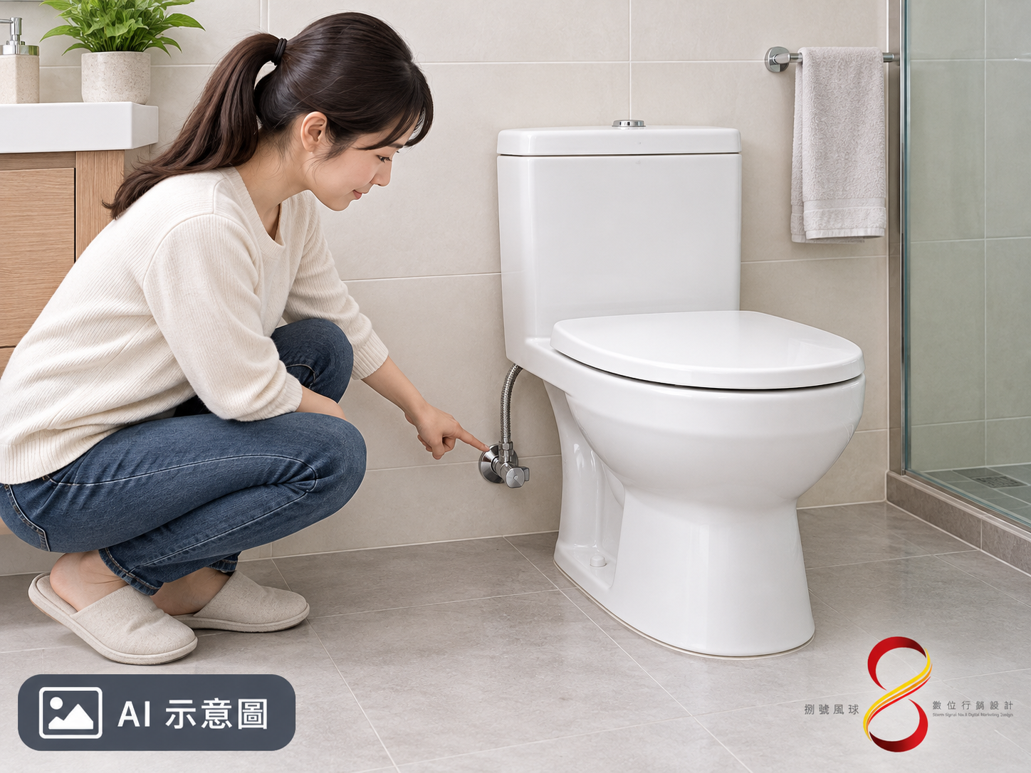 AI 示意圖：把馬桶與可見設備列入查漏觀察；完整設備外觀不能證明它正在漏水或已無故障。