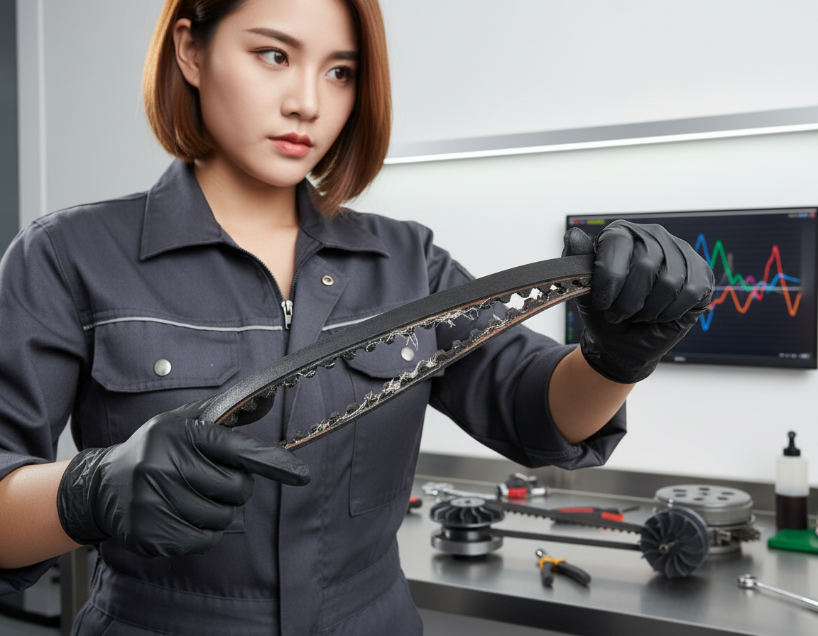 特寫嚴重磨損、龜裂的機車傳動皮帶