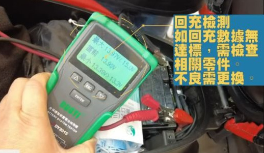 原片00:15，電池測試器與車輛接線的實際畫面。