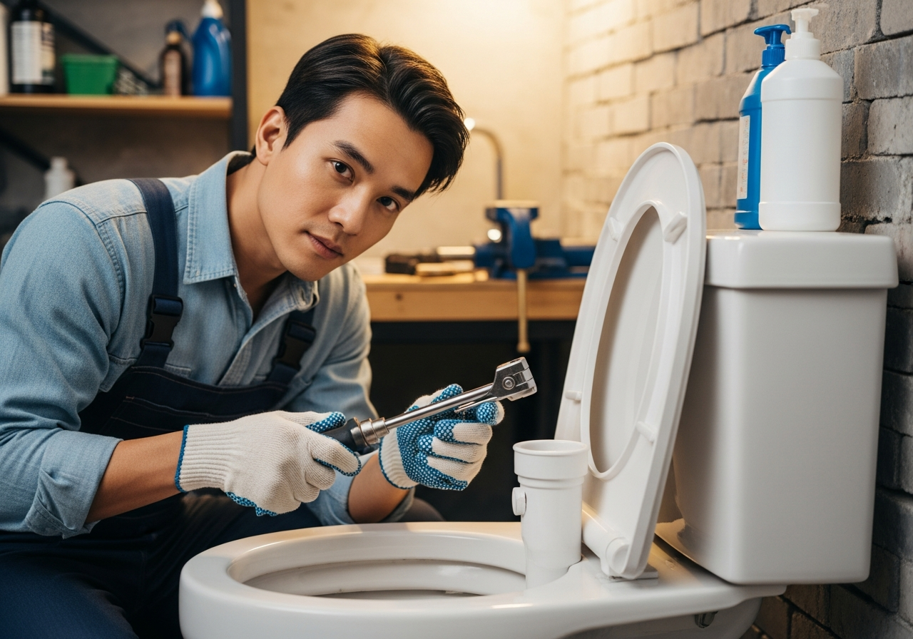 專業水電師傅檢查馬桶管線