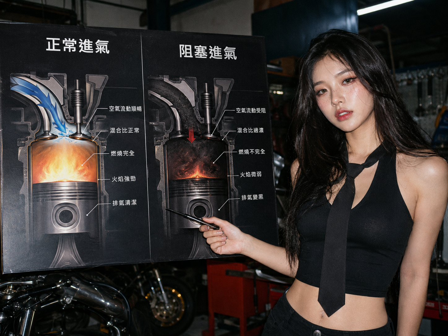 資訊圖表對比正常進氣與阻塞進氣下的燃燒室狀態