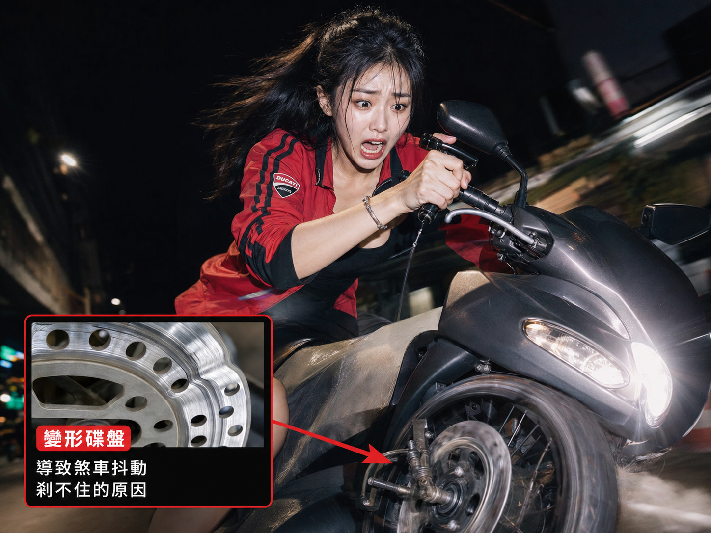 騎士拉下煞車時，龍頭與車身發生劇烈抖動的殘影