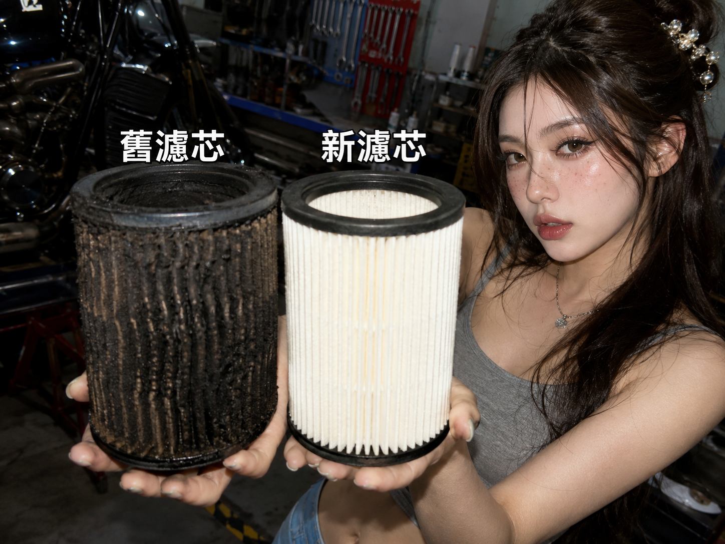 特寫一張極度髒汙的空氣濾芯對比全新濾芯