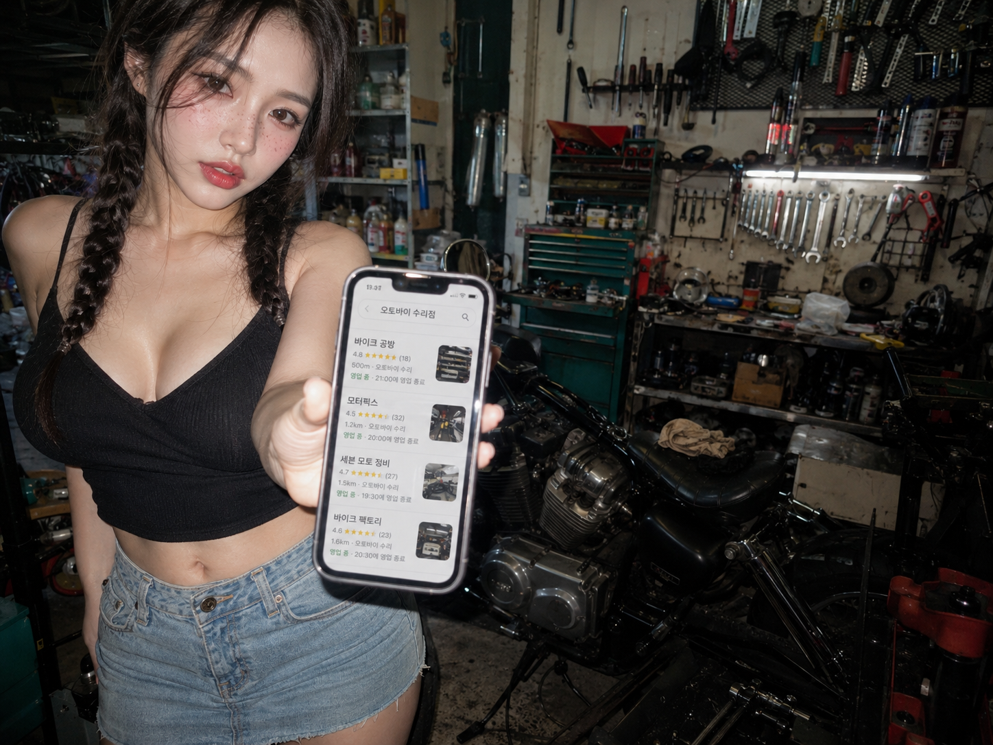 下班後疲憊的車行老闆，看著手機擠不出貼文