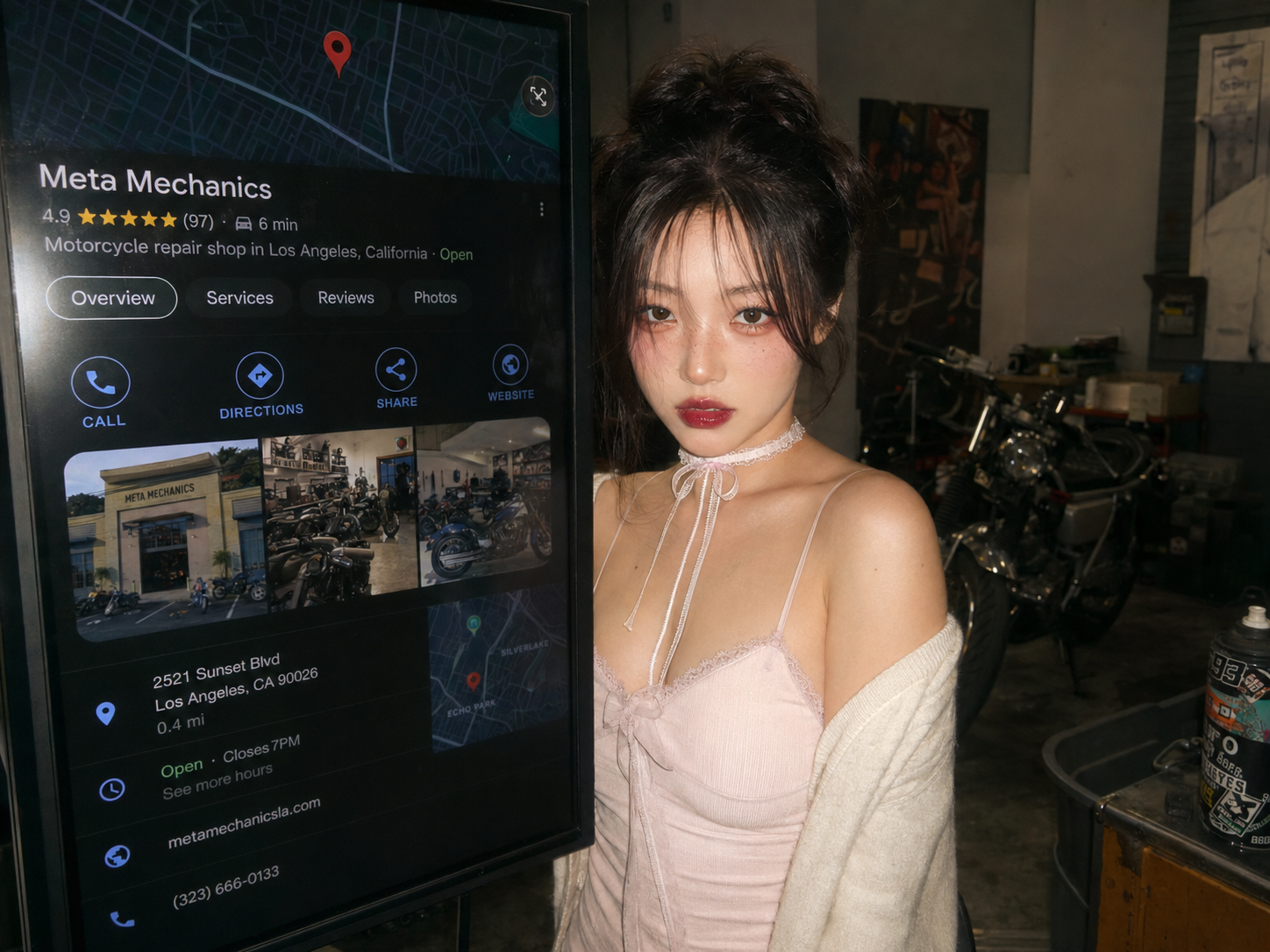 滿手機油的車行老闆看著複雜的 AI 演算法螢幕感到困惑