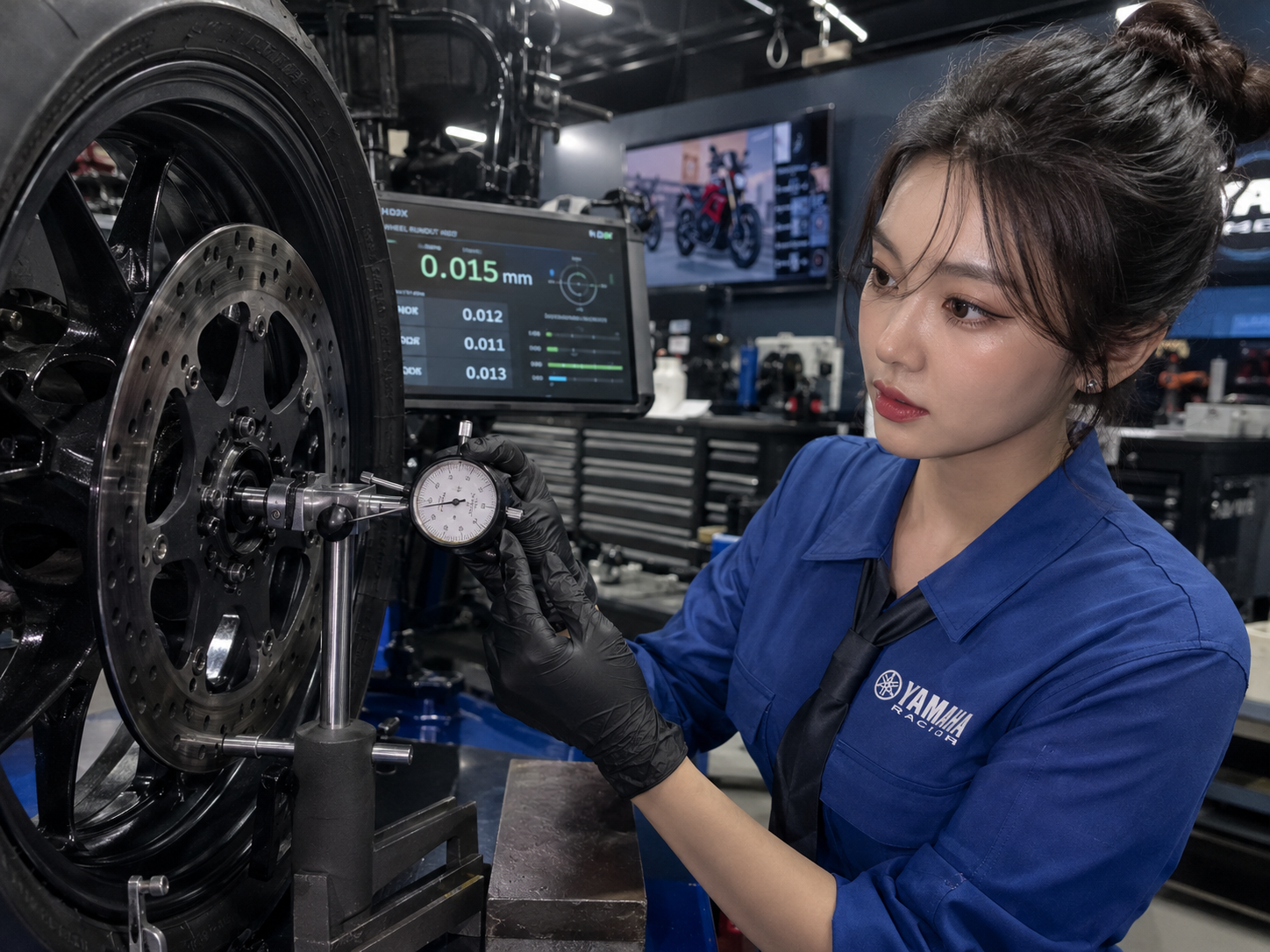 專業技師使用千分錶測量煞車碟盤的偏擺度