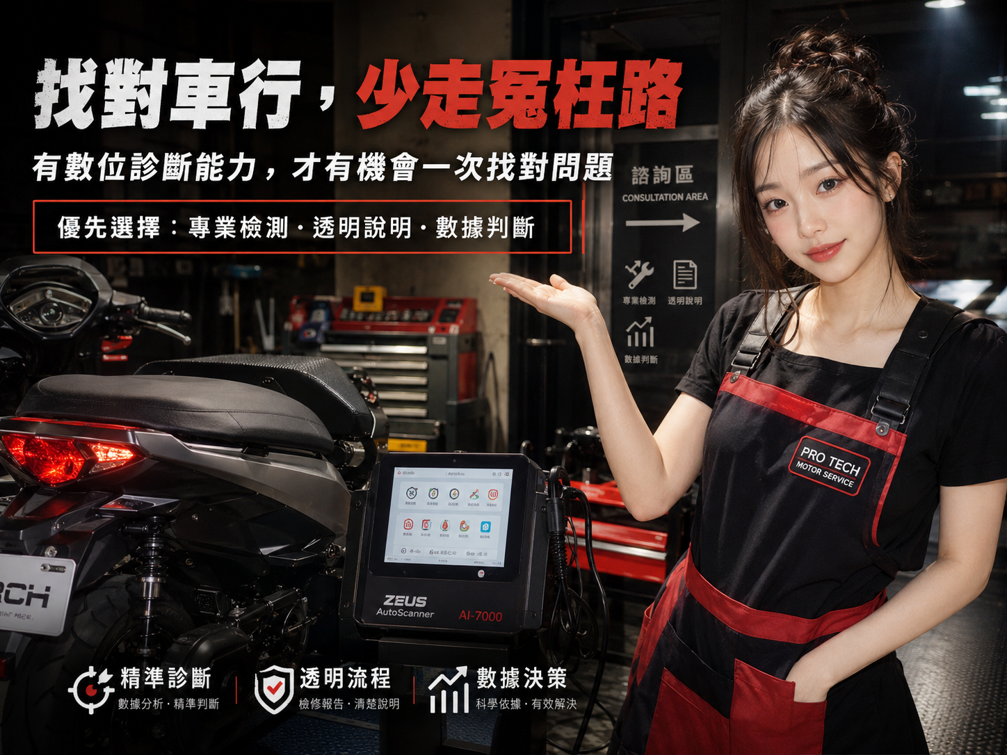 車行老闆使用專業電腦診斷儀器為機車進行健檢
