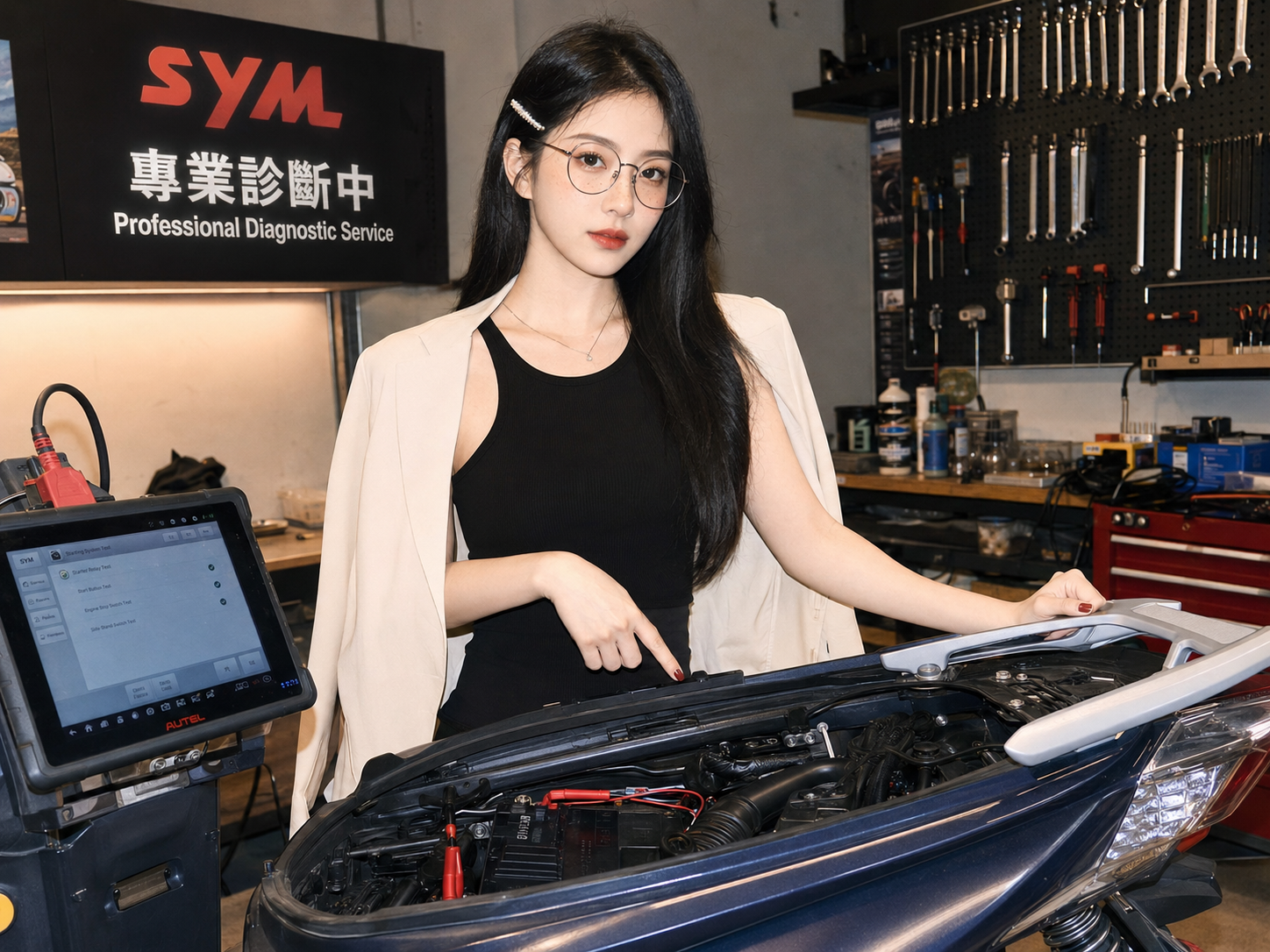 專業車行老闆細心向車主解說啟動系統狀況