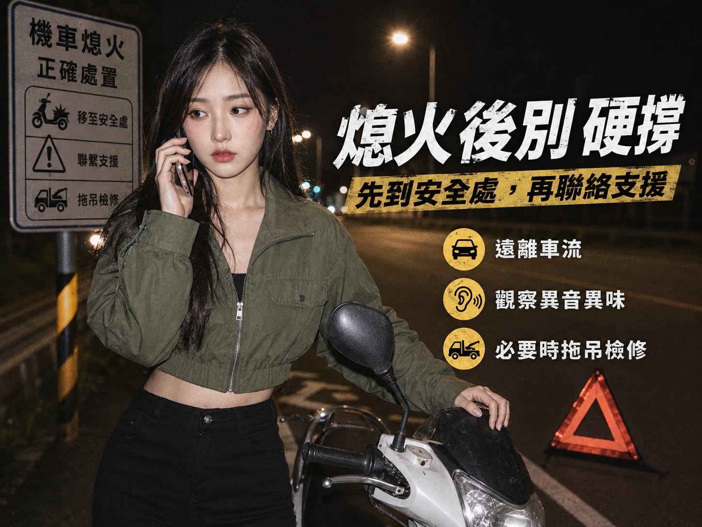 騎士冷靜地將失去動力的機車滑行停靠至路邊