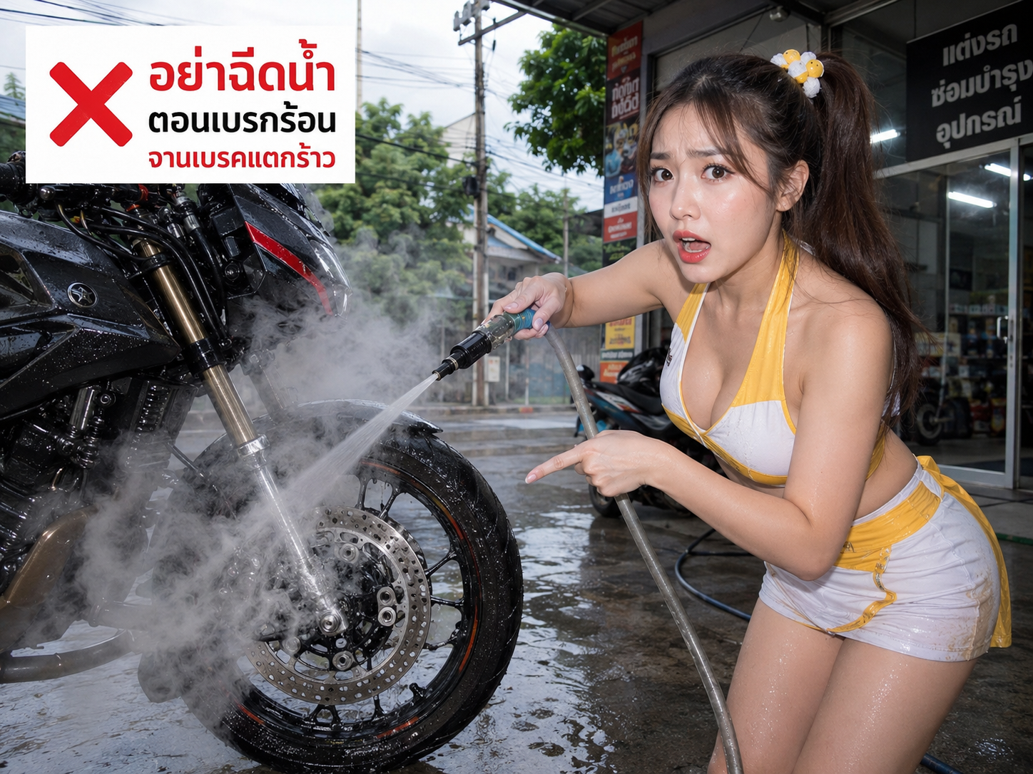 高溫的煞車碟盤直接沖冷水洗車，產生大量水蒸氣