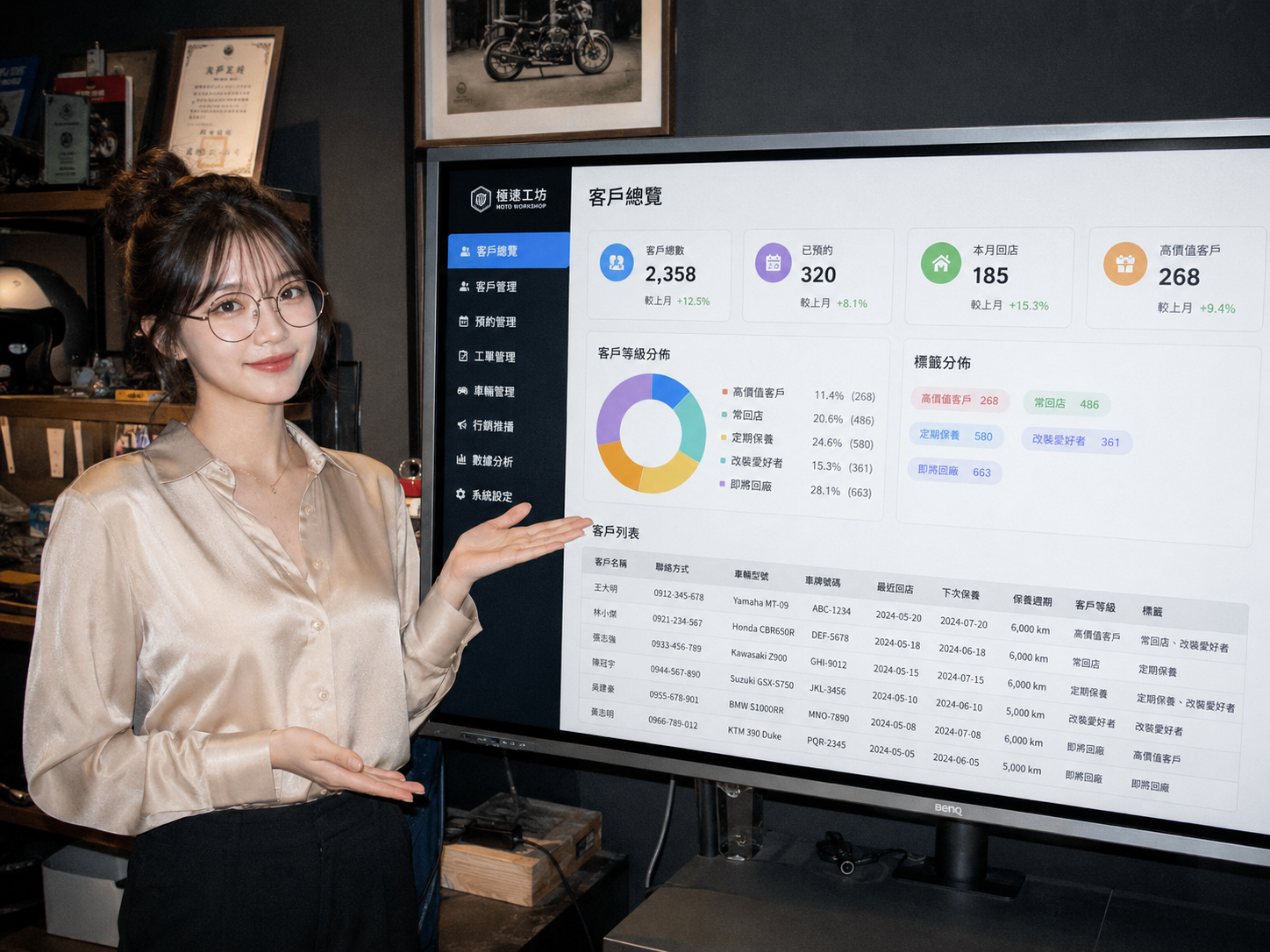 技師在維修區使用自己手機查看排程